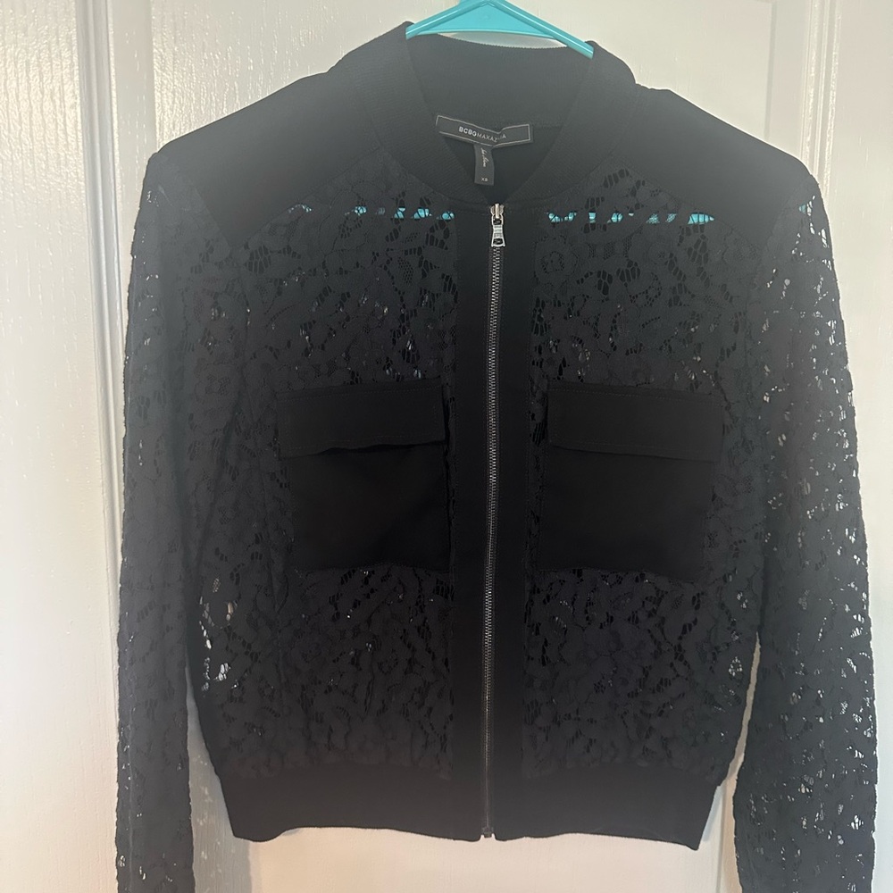 BCBGMaxAzria Black Lace Bomber Jacket